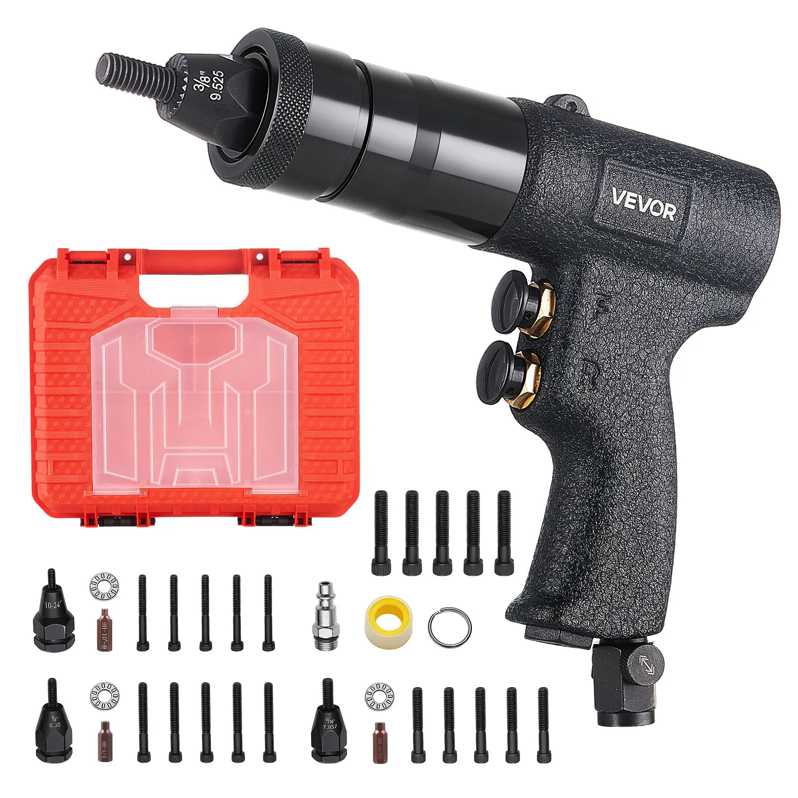 VEVOR Pneumatic Rivet Nut Gun Kit with 1/4" 5/16" 10/24" 3/8" Gun Heads, 20PCS Mandrels, 2500LBS Force, Forward & Reverse Switch, Air Rivet Nut Tool for Auto, Construction, Industrial Manufacturing