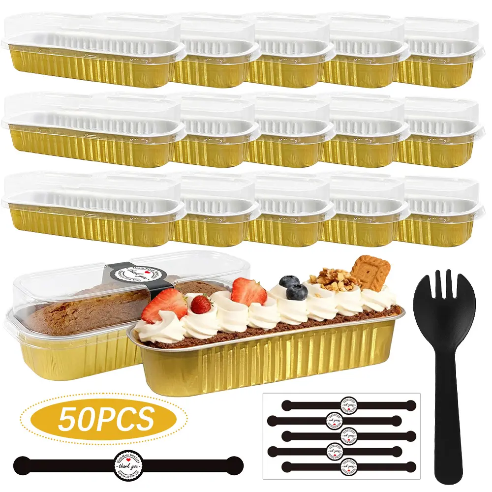 50 Pack Mini Cake Pans With Lids And Spoons, 6.8 oz Rectangle Mini individual Loaf Pans Disposable Aluminum Foil Small Baking Cups Tins