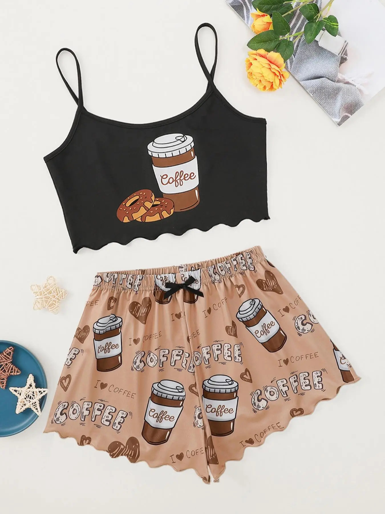 2 Piece Set Women's Coffee Print Scallop Trim Pyjama Set, Sleeveless Crop Cami Top & Elastic Waist Shorts, Summer Clothes Women, Casual Loungewear Set