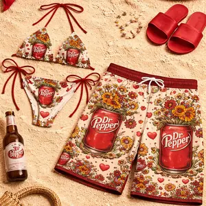 Matching Dr Pepper Floral Swimsuits for Couples Swim Bra Tie Side Thong Bikini + Men's Beach Shorts, Summer Vacation Swimsuit, Hawaiian Shirt Style, Aloha Beach Outfit, Casual Holiday Bathing Suits, Menswear & Womenswear