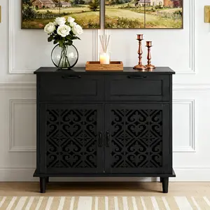 SZLIZCCC Simple Modern Black Storage Cabinet with Carved Hollow Pattern | 2 Drawers & Double Doors | High-Quality PB Board, Stable Structure, Easy to Clean | Multi-Use for Kitchen, Living Room, Bedroom, Study | 31.5"W x 15.75"D x 35.55"H​