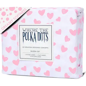 Heart Sheets  Bedding Set - Super Soft 4 count Heart Bed Sheets for Girls with Fitted Sheet, Flat Sheet & 2 Pillowcases - Cute  Heart Bedding & Room Decor for  & Teens