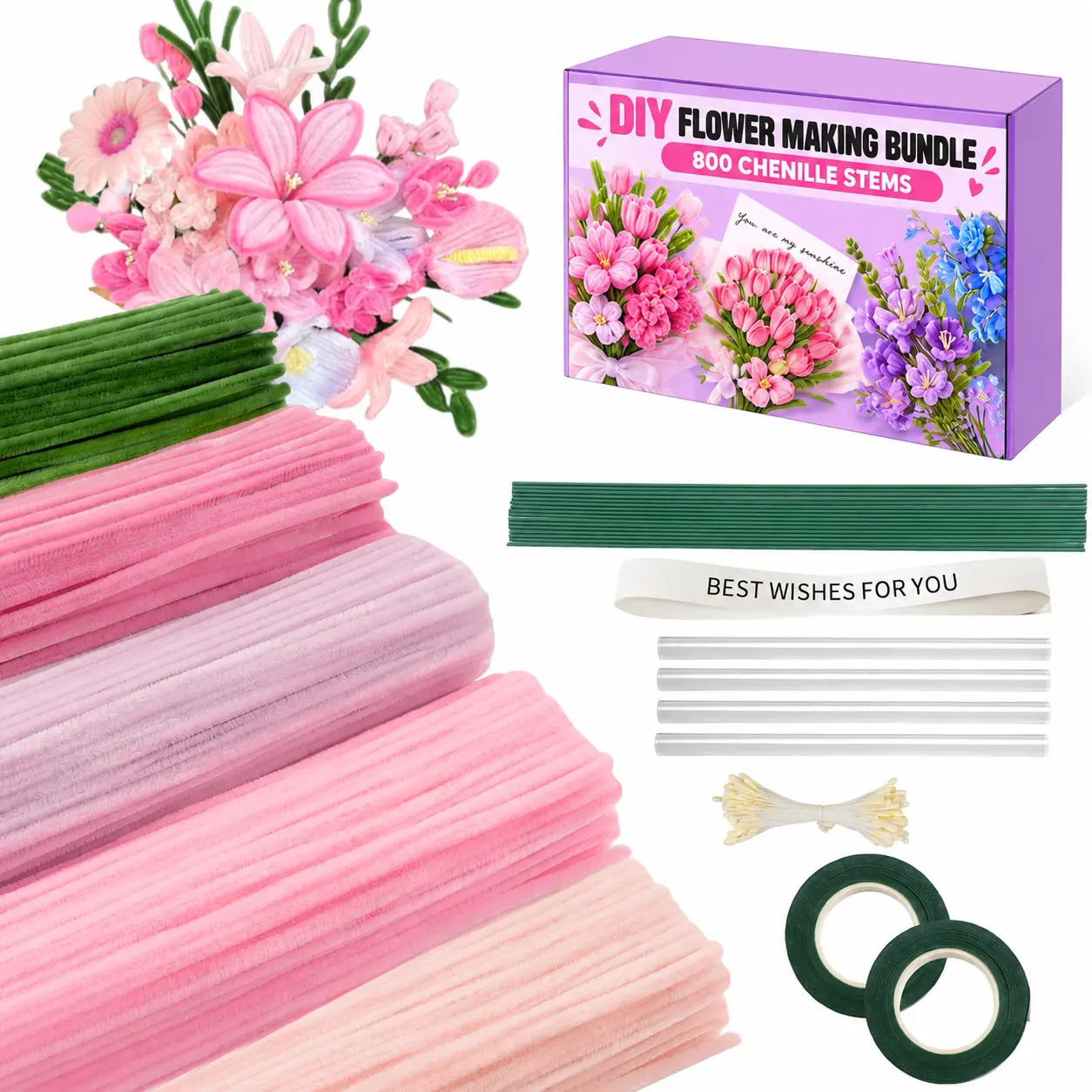800Pcs Red & Pink Pipe Cleaners Flower kit with tutoria,Fluffy Yarn,Green Floral Wires,Gardening Tape,Stamen，Pipe Cleaners Craft,Chenille Stems for DIY Art Projects Creative Gift Decor