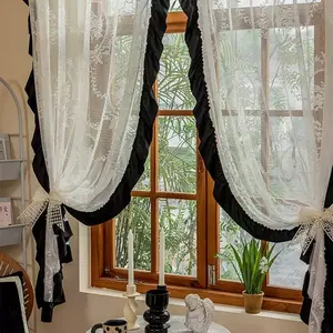 1pc French Ruffle Solid Color Sheer Curtain, Cafe Drapes, Minimalist Style, Korean Half Curtain, Balcony Window Decor, Net Curtain Window