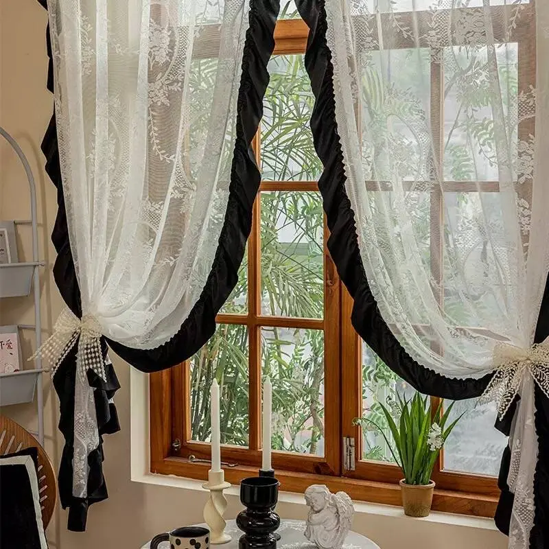 1pc French Ruffle Solid Color Sheer Curtain, Cafe Drapes, Minimalist Style, Korean Half Curtain, Balcony Window Decor, Home Decoration Curtain, Net Curtain Window, Semi Sheer Curtain, Window Curtains