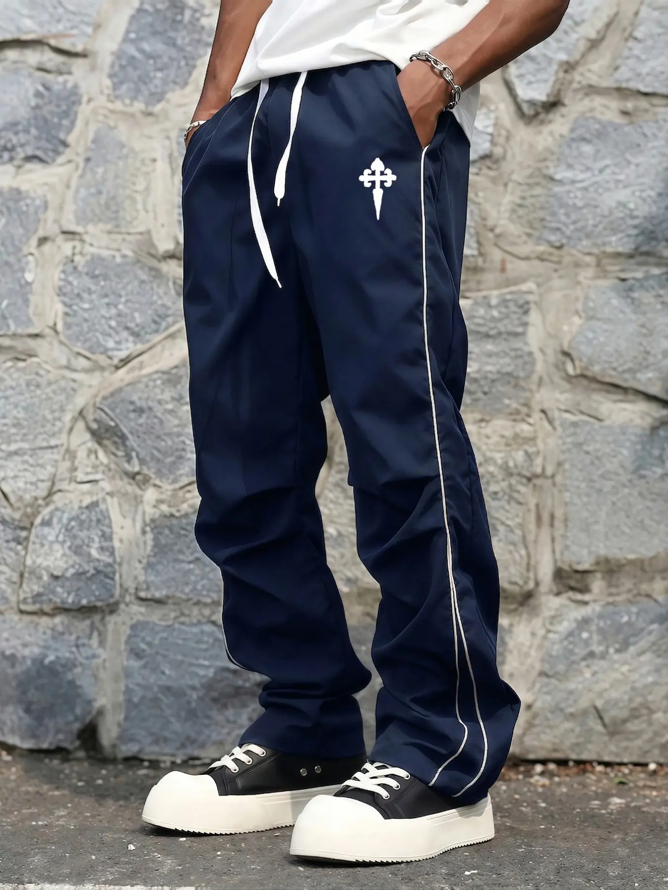 Men's Y2K Color Block Wide Leg Pants, Elastic Drawstring Waist, Loose Fit, Cross Graphic Print, Casual Streetwear Pants, Casual Fashion Bottoms