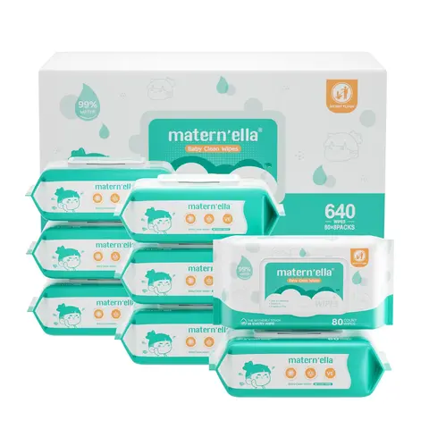 Matern'ella Pure Hydrating Wet Wipes, 99% Water-Based Hypoallergenic Unscented Alcohol-Free No-Rinse 7.9x5.7in Disposable with Botanical Extracts for Sensitive Skin, 8 Flip-Top Packs (640 Total) - Unscented Infant Wipes for Newborns