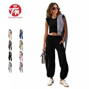 Tanming Women's 2-Piece Summer Sweatsuit Set Outfit, Cross-front cropped T-shirt and loose-fit cuffed sweatpants with two pockets, Versatile Activewear for commuting & outdoor activitie