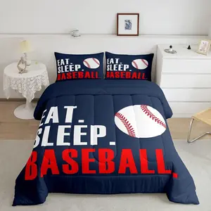 Baseball Comforter,3D Ball Sports Luxury Bedding Set,Blue Eat Sleep Baseball Super Soft Designer Comforter Set,Ball Games Twin Size Quilt Set