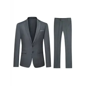 2pcs Men's Solid Color Suit Set, Slim Fit Business Style 2-Button Lapel Blazer With Decorative Handkerchief Pocket And Suit Trousers, Formal Dress