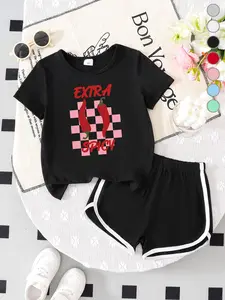 Girls' Fun Pepper Letter Print Short Sleeve Set, Summer Casual Sports Two-Piece, Round Neck Breathable T-Shirt & Color Block Shorts