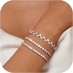 Tennis Bracelets For Women - Silver Plated Bracelet Stack Cubic Zirconia CZ Diamond Adjustable Stackable Bracelets Set For Prom Wedding Jewelry Gift 3count-USA