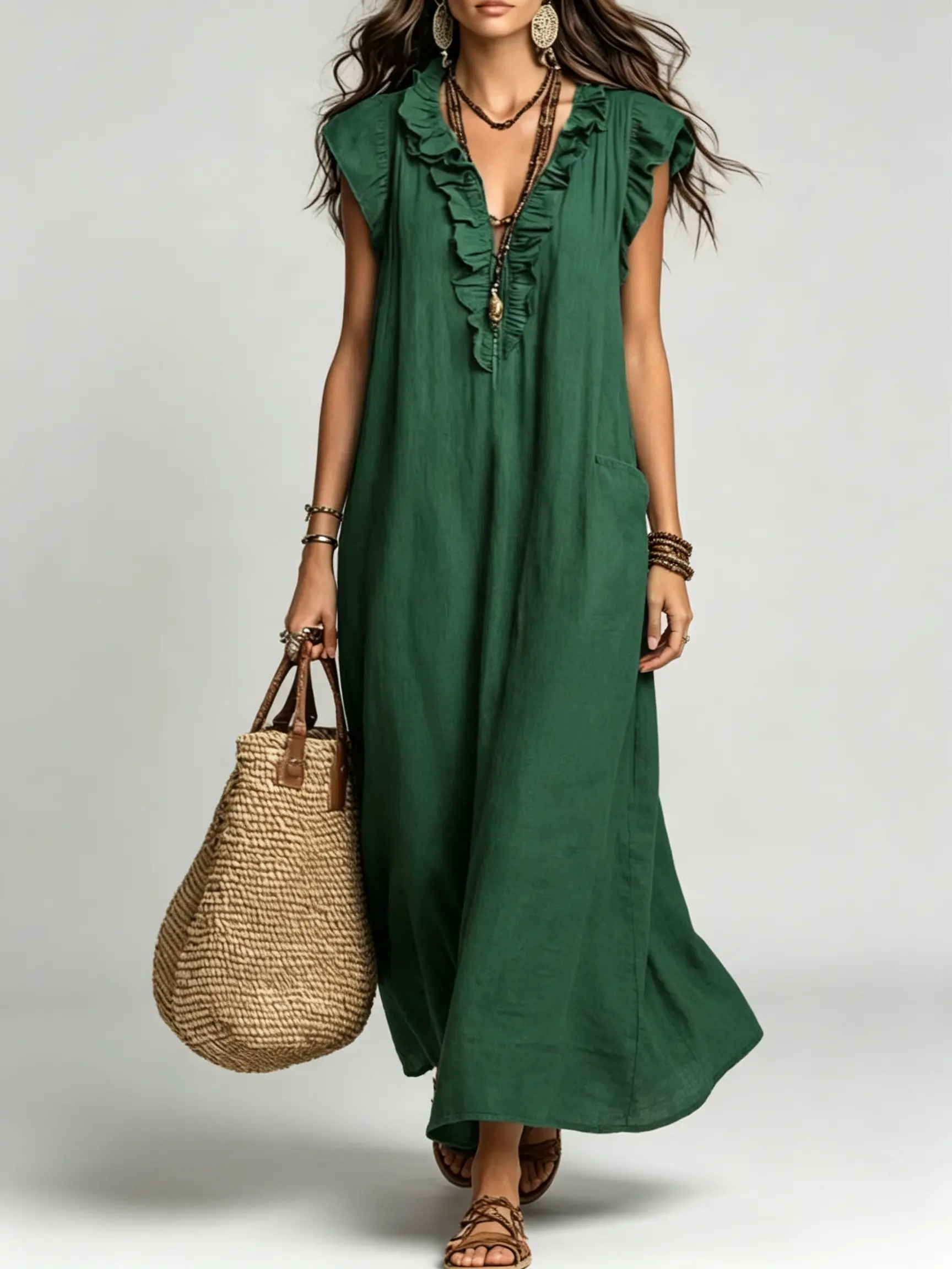 Women boho floor-length maxi dress for summer travel, V neck frilly edge with flutter cap sleeves, relaxed oversized long silhouette with hidden side pockets, casual beach holiday outfit