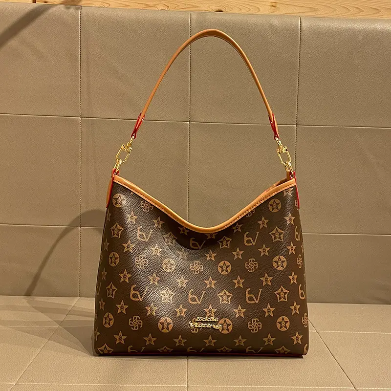 Women's Genuine Leather Retro Monogram Print Hobo Bag, Contrast Trim, Detachable Strap, Crossbody Carry, Daily Office Commute Underarm Shoulder Handbag with Retro Look, Hobo Bags