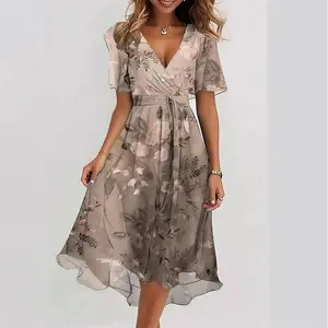 2025 Chiffon Printed Women Elegant  V-neck Dress Womenswear