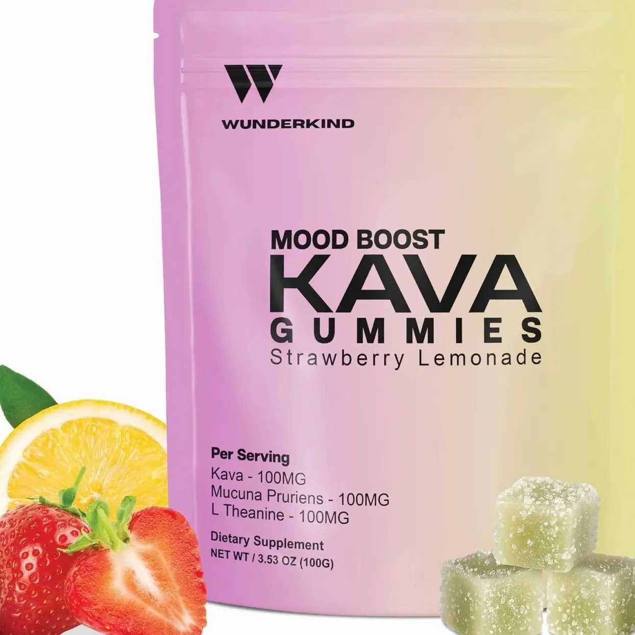 WUNDERKIND Kava Gummies Extra Strength Mood Boost - High-Potency 70% Kavalactones | Natural Stress Relief | Vegan, Clean Ingredients, No Gelatin or Dyes | 1 Gummy Per Serving | Strawberry Lemonade