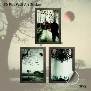 2D Flat Wall Art, 3Pcs PVC Self-Adhesive Framed Wallpaper Sticker, Gothic Horror & Spooky Scene Wall Decals, Dark Aesthetic Art Decor for Living Room, Bedroom, Ideal for Gothic Fans & Halloween Enthusiasts