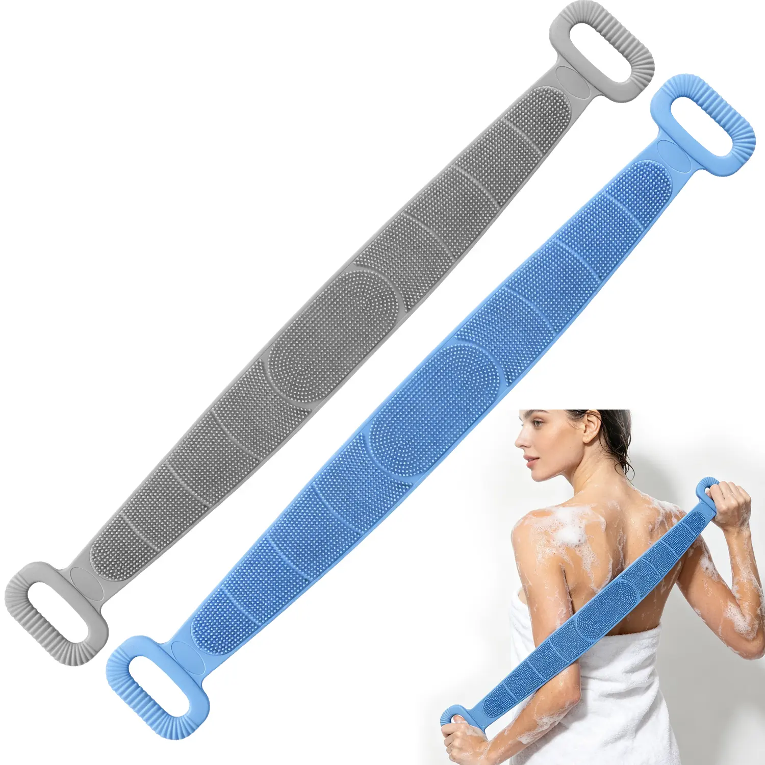 90 cm Extra-Long Double-Sided Silicone Back Scrubber with Handles, Exfoliating Bath Body Brush Strap, Gentle Bathroom Accessory for All Skin Types, Flexible Shower Home Supplies, Accessories
