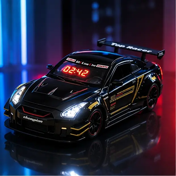 Lightweight Alloy Supercar Digital Clock for Boys - Gaming Bedroom Decor, Motorsports Racing Aesthetic Desk Clock with Vibrant LED Lights, Exhaust Mist Spray, Engine Sound, Rear Wing Spray, Racing Key Control, Halloween Gift
