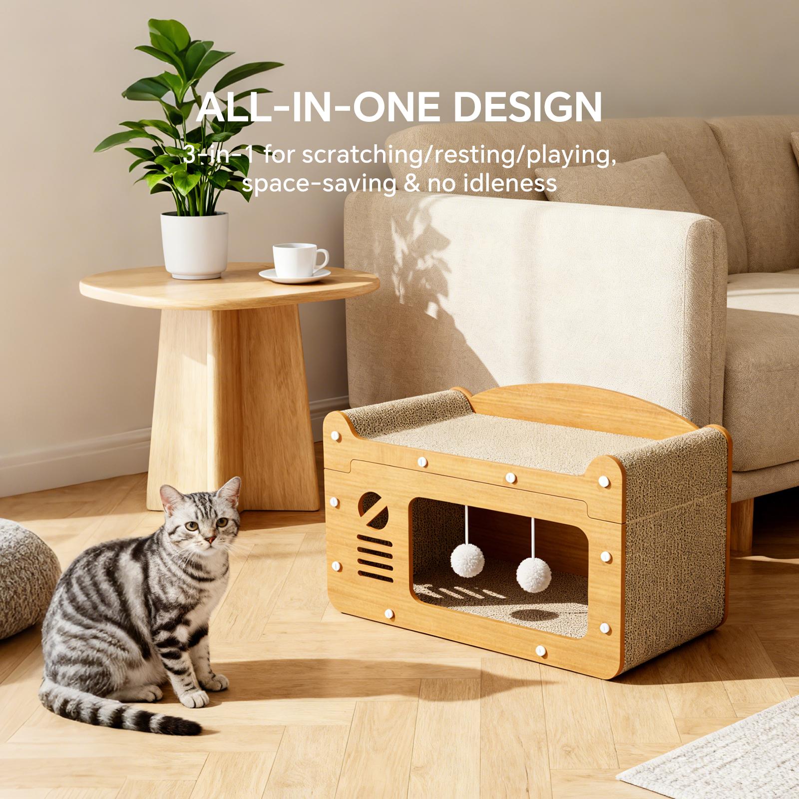 2-in-1 Solid Corrugated Paper Cat Furniture - Scratching House with Integrated Board & Bed, Enclosure for Litter Box/Cat Tree, Ideal for Resting