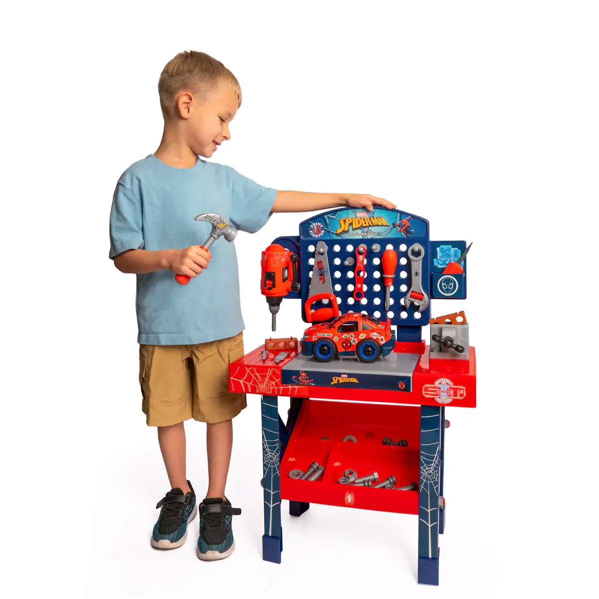Marvel SpiderMan Tool Bench Playset, Team Nascar Pit Stop Playset with Take Apart Car 84 Pieces - Pretend Play Toy