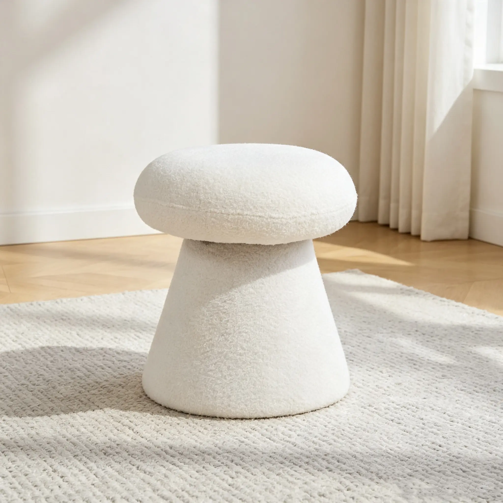 066-Teddy Fabric Soft-padded Footstool, Mushroom shaped Ottoman, Shoe-changing Stool, Makeup Stool,No Installation Required, Suitable For Bedrooms, Living Rooms, Powder Rooms Or Entrances, White