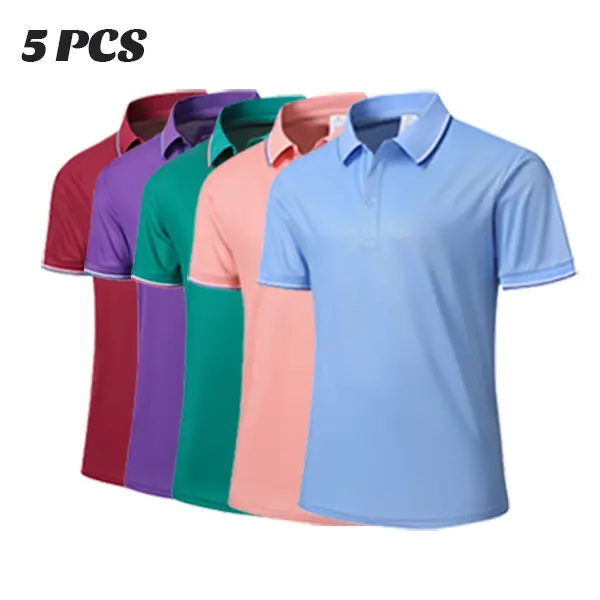Men's 5-Pack Vibrant Color Polo Shirt Set Contrast Collar & Cuff Details Single-Button Design Short-Sleeve Casual Tops for Everyday Wear