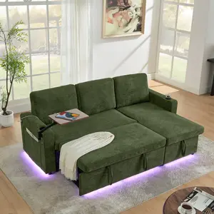 85" Modern Chenille 3-Seater Sofa Bed with Pull-Out Sleeper, LED Lighting, USB Charging, Retractable Table & Storage