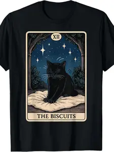 Retro Biscuits Cat Tarot Card T-Shirt - Vintage Tarot-Themed Apparel with Iconic Cat, Machine Washable Round Neck Tee Suitable for - Casual Wear & Themed Events, Retro Style T-Shirt