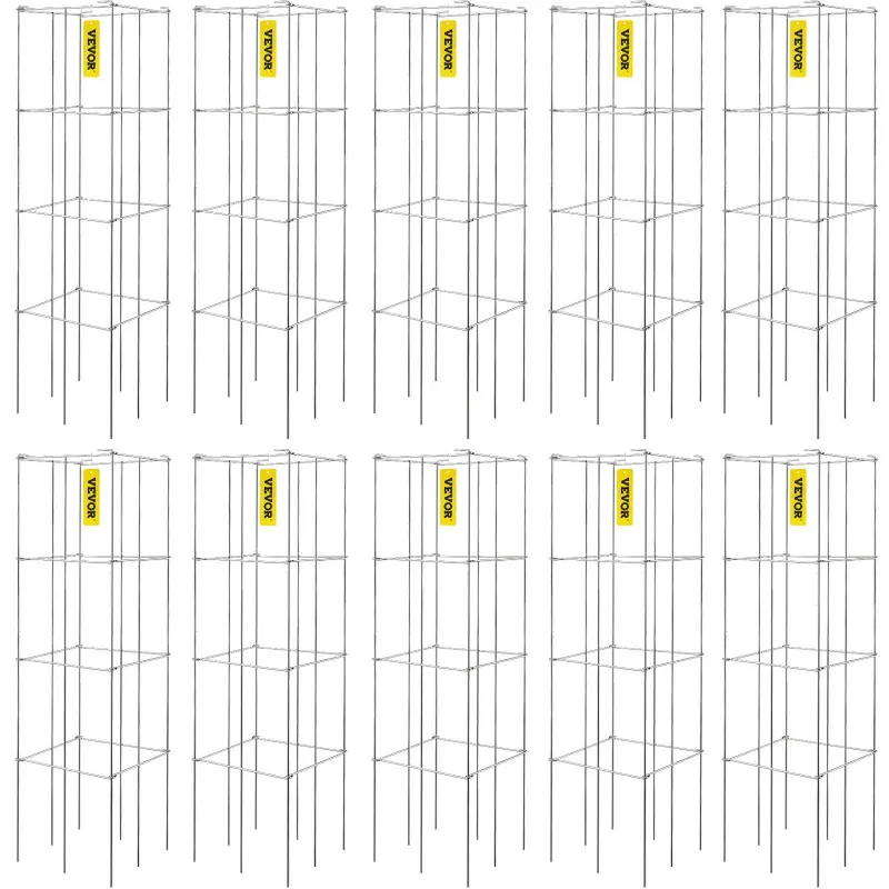 VEVOR 10-Pack Square Plant Support Cages, 11.8x11.8x46.1in Silver PVC-Coated Steel Towers with 30x30cm Openings, Ground Stake Base, Lock-On Sides for Easy Assembly, Balcony & Outdoor Climbing Vegetables