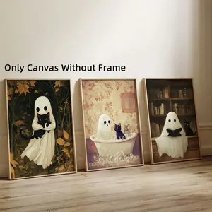 3Pcs/Set Optinal Frame Vintage Ghost and Black Cat Canvas Posters, Halloween Wall Art, Ghost in a Library, Whimsical Gothic Bathroom Décor, Artwork Wall Painting For Gift, Wall Picture for Living Room, Bedroom, Corridor, Home And Dormitory Decoration