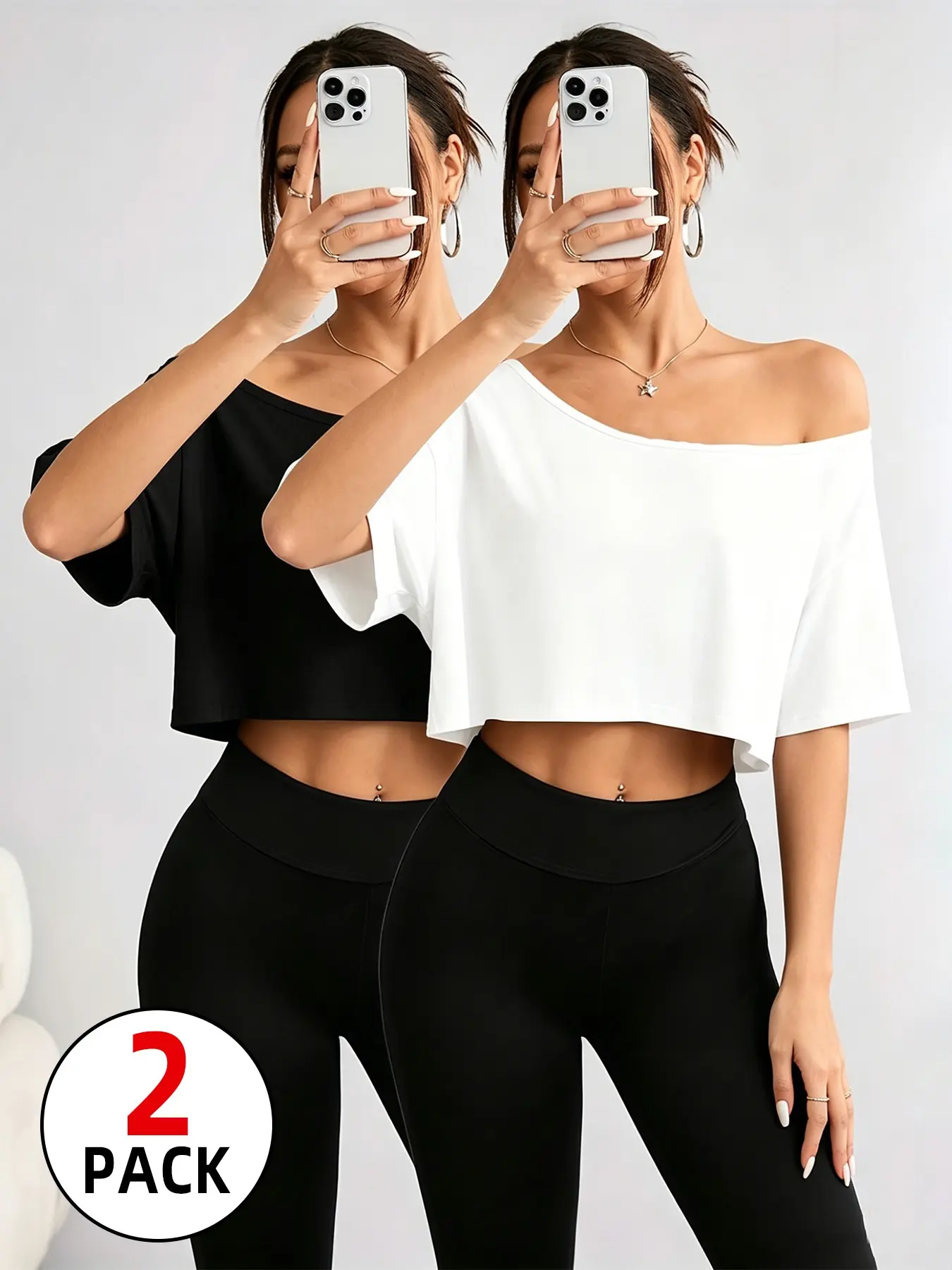 Women's 2 Pack or 1 Pack Off Shoulder Crop Oversized T-Shirts, 2026 TikTok Viral Y2K Aesthetic Tops,Daily, Party, Club, Vacation, Street Style, Summer OOTD, Versatile Basic Tops for Teen Girls & Young Women, Trendy Off The Shoulder Blouses