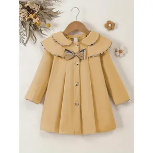 Girls' Long Sleeve Tweed Coat, Autumn/Winter Fashion Simple Bowknot, Stylish Round Neck Shawl Single-Breasted Coat