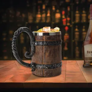 Viking Beer Mug with Handle Vintage Double Wall Insulated Coffee Cup 5.7"W x 6.5"H Stainless Steel Classic Ceramic Mug Washable Reusable Gift for Home Office