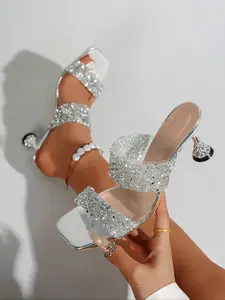 Shining High Heel Sandals, Y2K Style Disco Ball Shoes, Transparent Shiny Upper, 7cm Stiletto Sole, Party Must-Have