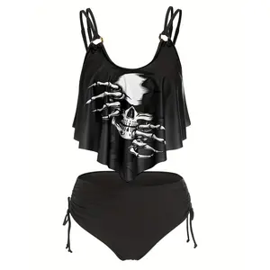 [Shipping from USA]Skeleton Pattern Peplum Tankini Sets, Round Neck Ring-Linked Drawstring Tie Side High Cut Two Pieces Swimsuit, Women's Swimwear & Clothing Carnaval & Music Festival