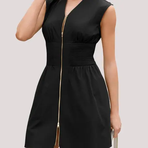 Fisoew Women's Basic Algodón Sleeveless V-Neck Zip-Front Smocked Mini Dress - Casual, Comfy, Loose Summer Women's Dresses with Pockets, Casual Wear, Algodón Casual Dresses