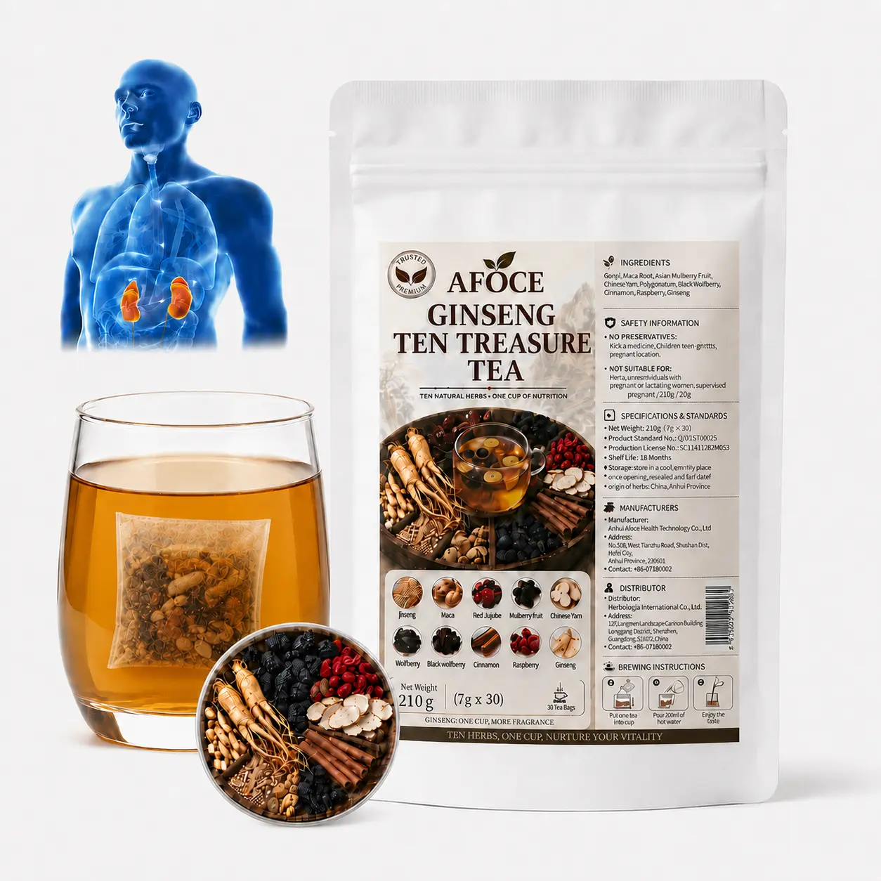 AFOCE Kidney Tea Formula for Men, Ginseng Tea with a 10-Botanical Herbal Blend, Maca, Red Jujube, and Black Wolfberry, 30 Tea Bags, 210g