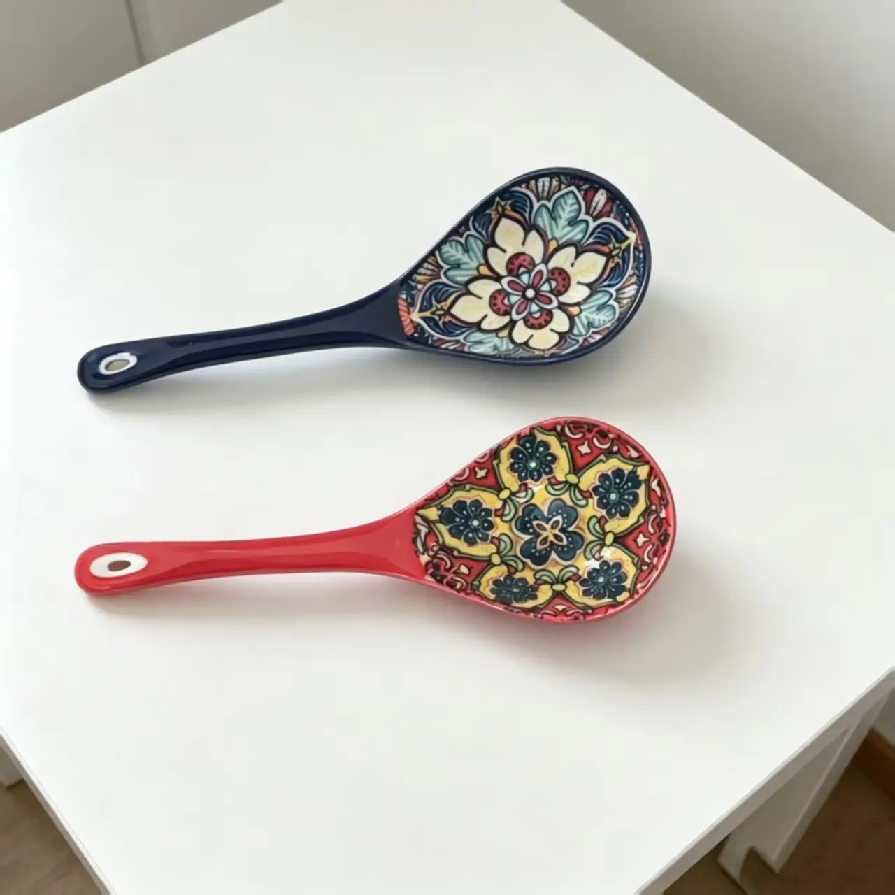 Bohemian Ceramic Spoon Set, Bohemian Pattern, Large Home-Size Serving Soup Spoon, Ramen Spoon, Miso Spoon, Dumpling Spoon, Microwave & Oven Safe, 2pcs