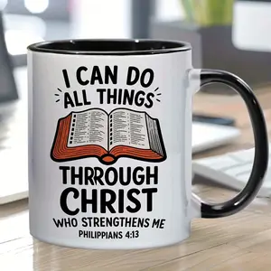 1pc Inspirational Bible Verse Coffee Mug - Philippians 4:13 Christian Cup, Open Book Design Tea Cup with Scripture, Ceramic Cup for Christians, Teachers, Graduation Gifts - "I Can Do All Things Through Christ",  Scriptureinspired Decor, Highquality Print,