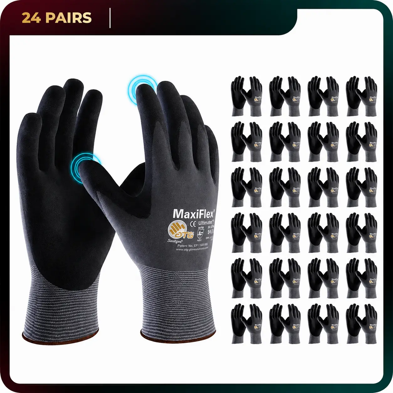 MaxiFlex Nitrile Foam Work Gloves 24 Pairs, Breathable Grip Safety Gloves for Construction, Warehouse, General Use M L XL