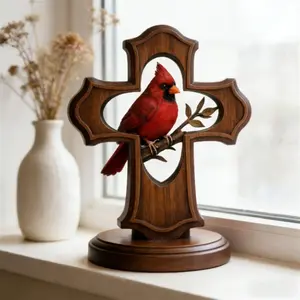 1PC Red Cardinal Cross Ornament, suitable for gifting, can be placed on office desks, in home study rooms, living rooms, and dining tables