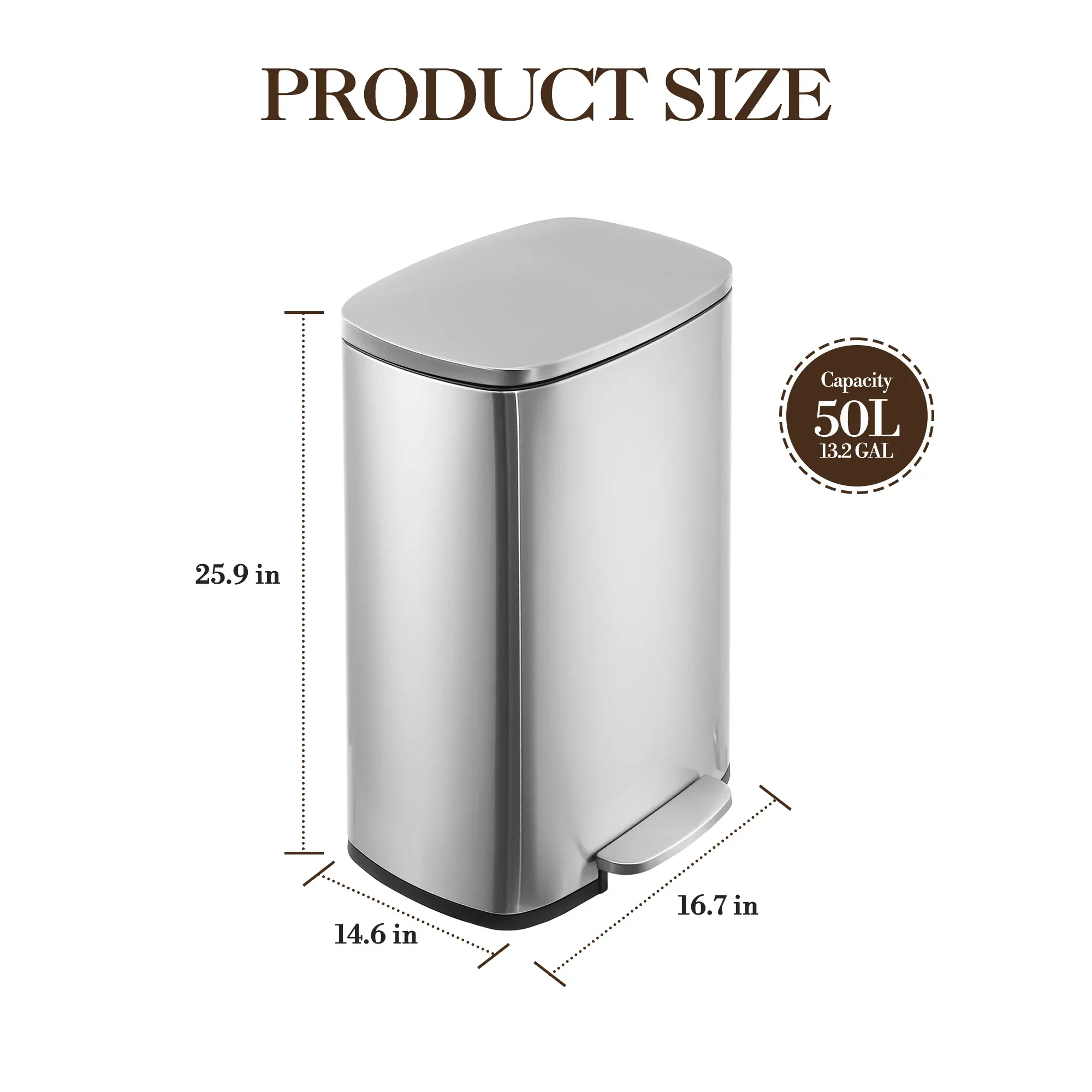 13 Gallon Stainless Steel Kitchen Trash Can – Soft Close Lid – Removable Inner Bucket – Hands-Free Step Pedal – Odor-Resistant Waste Bin for Kitchen, Office, Bathroom – Touchless Recycling Bin, Garbage Can, Home Supplies