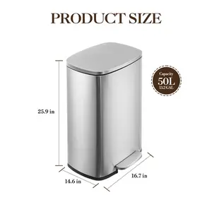 13 Gallon Stainless Steel Kitchen Trash Can – Soft Close Lid – Removable Inner Bucket – Hands-Free Step Pedal – Odor-Resistant Waste Bin for Kitchen, Office, Bathroom – Touchless Recycling Bin