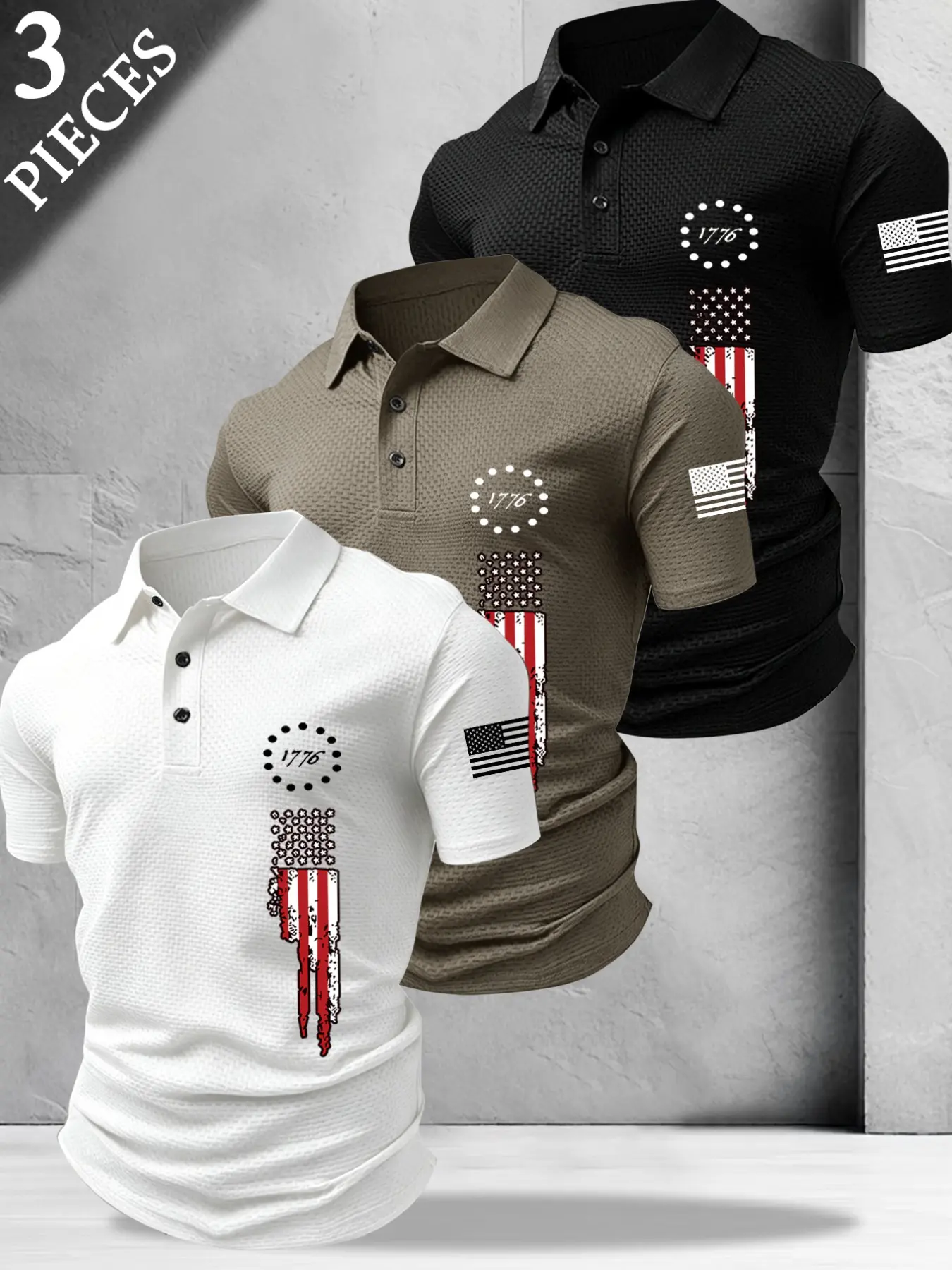 Men's Summer Plaid Short Sleeve Polo Shirt Set 3-Pack, Menswear Fashion Stretch Stain-Resistant Fabric, Letter Mexican Eagle Graphic Print, Casual Daily Wear, Printed Polo Shirts