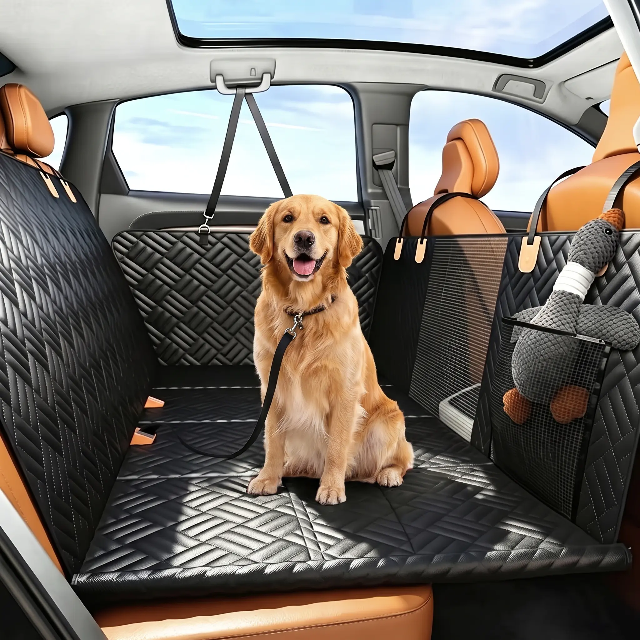 Dog Car Seat Cover with Hard Bottom Back Seat Extender – Supports Up to 400lbs, Waterproof Dog Hammock for Car, SUV & Truck pet cover, Zipper, Plaid