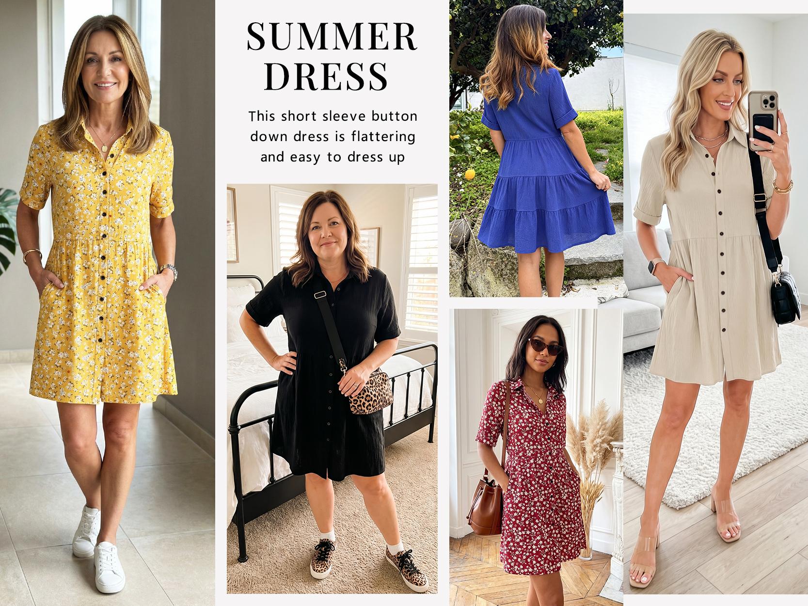 AUSELILY Babydoll Dress for Women Short Sleeve Button Down Textured Non-clingy Loose Fit Flowy Mini Dress with Pockets 2026 New Summer Dress AUSELILY Babydoll Dress for Women Short Sleeve Button Down Textured Non-clingy Loose Fit Flowy Mini Dress with Pockets 2026 New Summer Dress