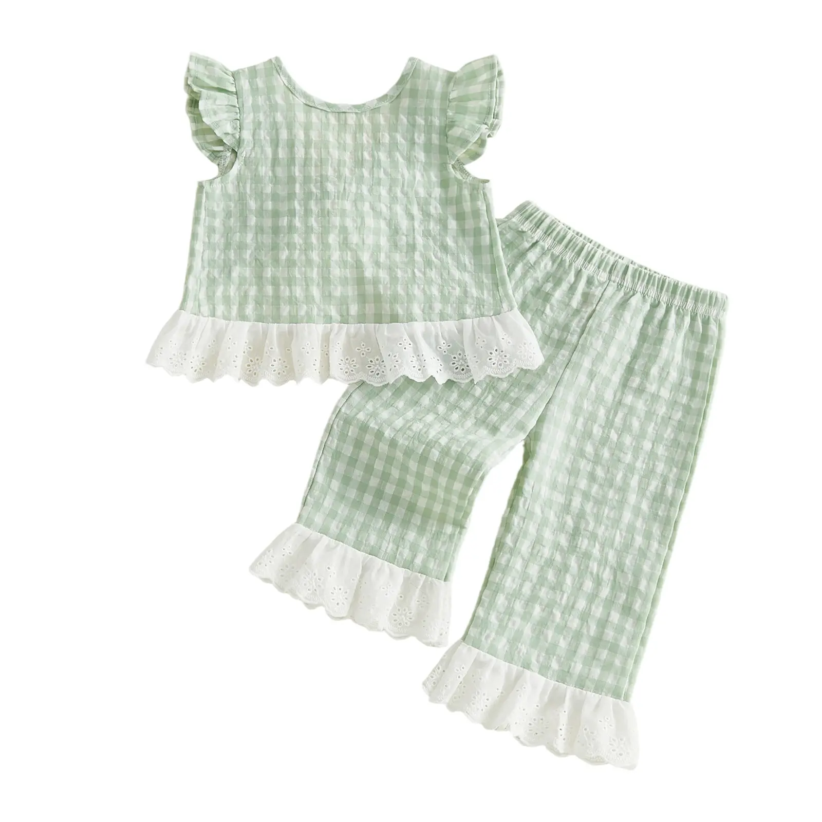 Toddler Girl 2-Piece Outfit Set, Casual Plaid Summer Clothes with Cotton Blend Ruffled Sleeve Vest Top and Pants, Polyester