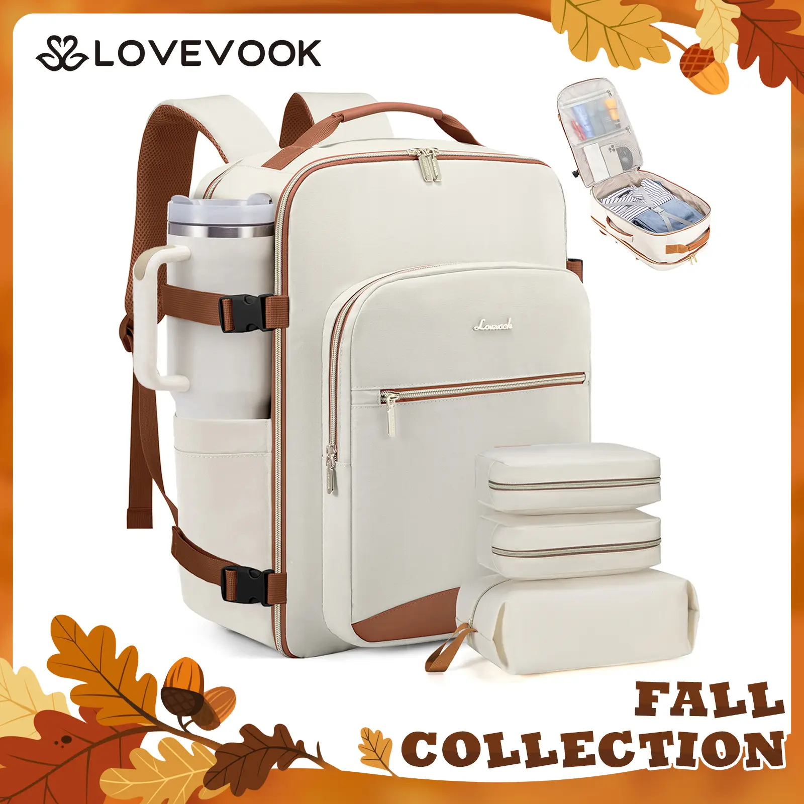 LOVEVOOK Colorblock Carry-On Travel Backpack with 3 Packing Cubes and Laptop Compartment - Personal Item,TSA-Friendly, Airline Approved Travel Bag for