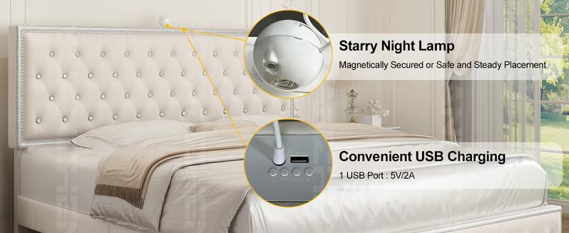 Queen LED Bed Frame with Galaxy Projector, Bluetooth Speakers, 4 Storage Drawers, PU Leather Upholstered – Smart RGB Light Bed for Gaming & Bedroom Decor | Cama LED Queen